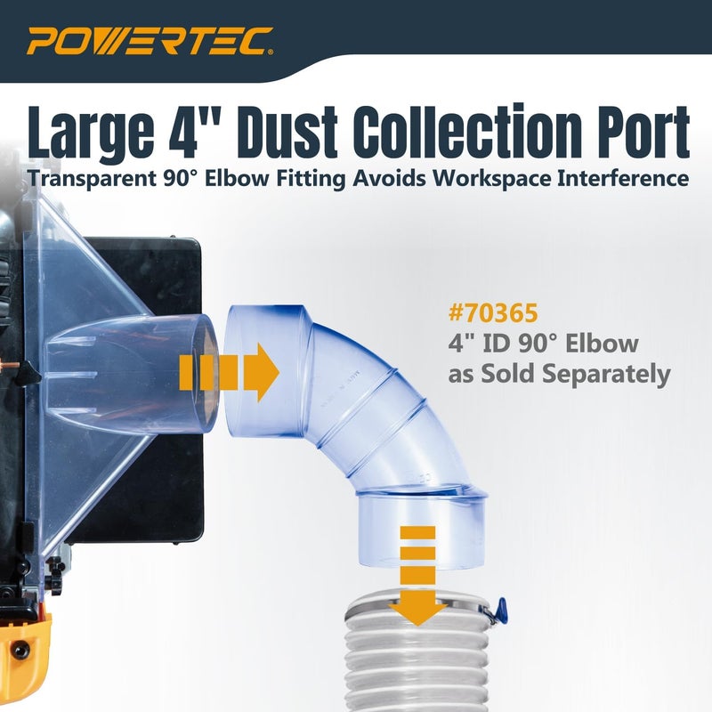 POWERTEC 70474 4 بوصة ID/OD 90 درجة كوع وكيس جامع الغبار، فلتر 30 ميكرون مع مشبك خرطوم 4 بوصة وكوع، يناسب DEWALT DW735، DW734، WEN PL1326، PL1303 وأي آلة نجارة أخرى - Image 3